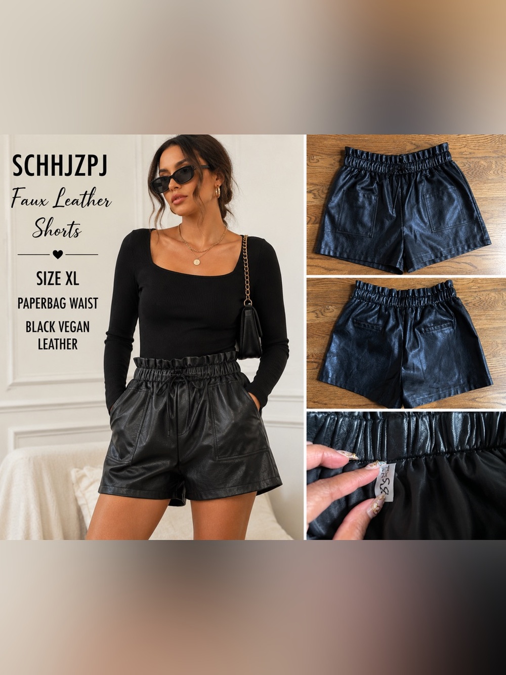SCHHJZPJ Faux Leather Shorts XL Black Paperbag Waist Pull-On